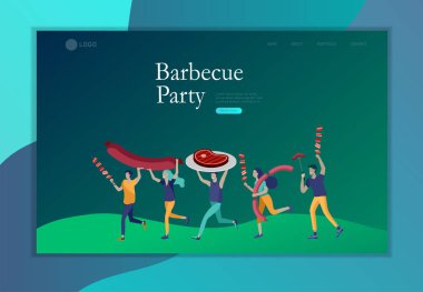 Açılış sayfası şablon insanlar Barbekü hazırlamak. Barbekü partisi. İnsanlar et ızgarada. Kavramsal modern ve trendy renkli vektör illüstrasyon