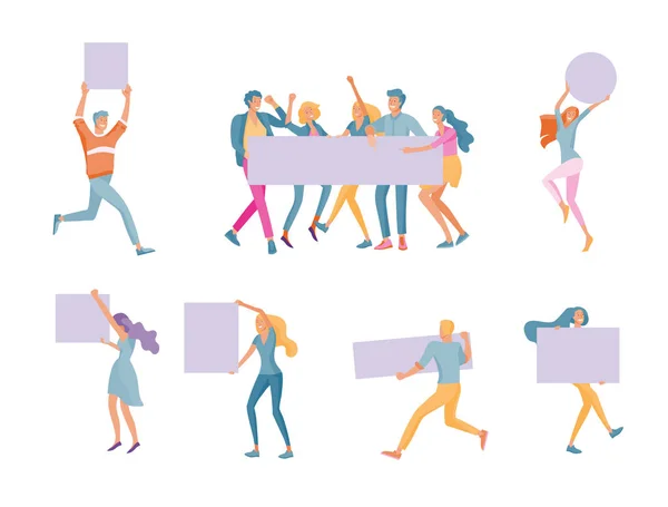 Zakenmensen verhuizen, dansen en houden lege banner en staan. Mensen die deelnemen aan Parade of rally. Mannelijke en vrouwelijke demonstranten of activisten. Moderne vector illustratie platte concepten — Stockvector