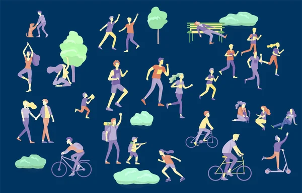 İnsanlar zaman geçiriyorlar, doğada dinleniyorlar, aile ve çocuklar parkta spor yapıyorlar, köpek gezdiriyorlar, yoga yapıyorlar, bisiklete biniyorlar, tenis oynuyorlar. Çizgi film vektörü