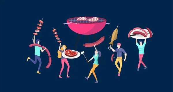 Menschen beim Grillen. Grillparty. Menschen, die Fleisch grillen. konzeptionelle moderne und trendige bunte Vektorillustration — Stockvektor