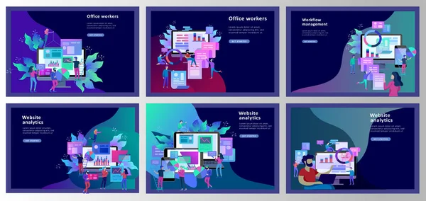 Ilustración conceptual de negocios, análisis de trabajadores de oficina de la escala evolutiva, SEO, codificación de sitios web de investigación de mercado, optimización de búsquedas en Internet. Plantilla de landing page, social — Vector de stock