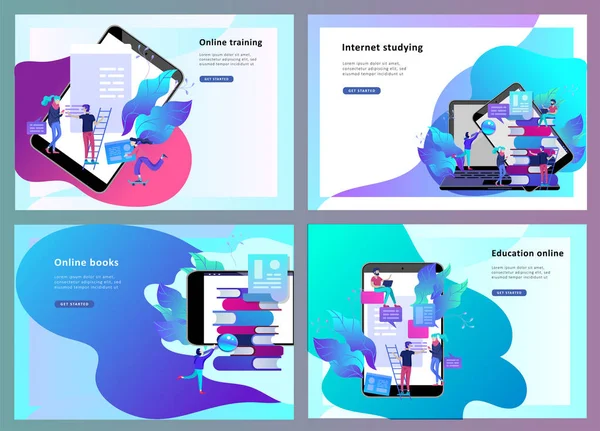 Concept landing page sjabloon onderwijs mensen, Internet studeren, online training, online boek, tutorials, e-learning voor sociale media, afstand onderwijs, documenten, kaarten — Stockvector