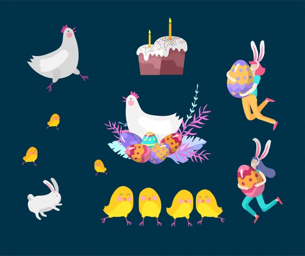 Ilustración de Pascua con huevos pintados, tarta, pollo y conejo. Las chicas con orejas de conejo sostienen huevos pintados. Conjunto de personajes de dibujos animados de Pascua lindos personas. Vector celebración de vacaciones de primavera — Vector de stock