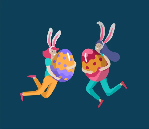 Ilustración de Pascua con la gente. Las niñas con orejas de conejo saltando como conejo y mantener los huevos pintados. Conjunto de lindos personajes de dibujos animados de Pascua. Vector celebración de vacaciones de primavera — Vector de stock