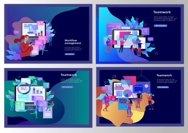 İş kavramı Illustration, evrim ölçeği ofis işçileri analizi, SEO, Pazar araştırma Web sitesi kodlama, internet arama optimizasyonu. Açılış sayfası şablonu, sosyal