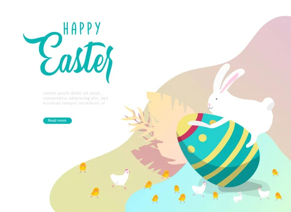 Пасхальный шаблон целевой страницы с мультяшными персонажами кролика с окрашенными яйцами, курицей и кроликом. Праздник векторной иллюстрации — стоковый вектор