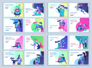 Set açılış sayfası şablonları mutlu aile, seyahat ve psikoterapi, Aile Sağlık, anne baba ve çocukları için mal eğlence. Kız ve oğlu ile ebeveynler