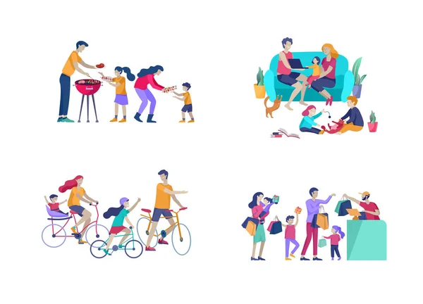 Aile hobi faaliyetlerinin toplanması. Anne, baba ve çocuklar bisiklete biniyor, barbekü hazırlıyor, alışveriş yapıyor, evde birlikte dinleniyor, bisiklete biniyor. Karikatür vektörü — Stok Vektör