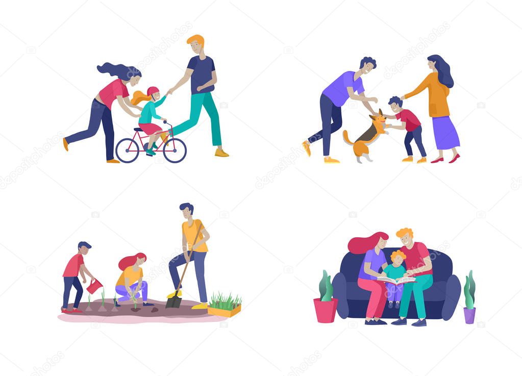 Collection of family hobby activities . Mother, father and children teach daughter to ride bike, play with dog corgi, read book and teach child, gardening and plant sprouts together. Cartoon