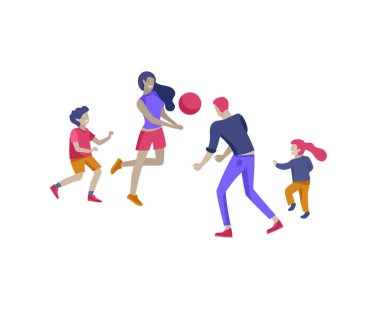 Aile hobi faaliyetlerinin toplanması. Anne, baba ve çocuklar birlikte top oynarlar. Karikatür vektörü