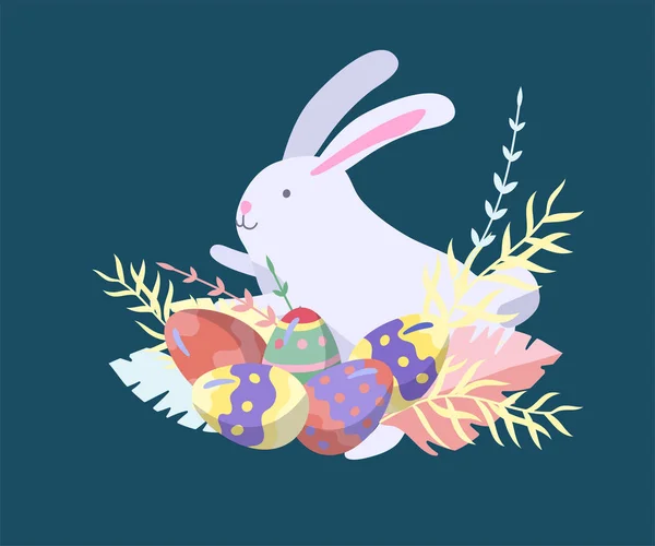 Ilustración de Pascua con huevos pintados y conejo. Conjunto de lindo personaje de dibujos animados de Pascua. Vector celebración de vacaciones de primavera — Vector de stock