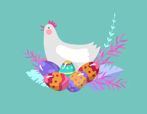 Ilustración de Pascua con huevos pintados y pollo. Conjunto de personajes de dibujos animados de Pascua lindos personas. Vector celebración de vacaciones de primavera — Vector de stock