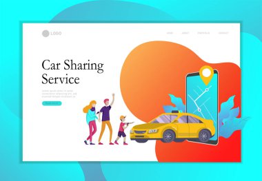 Açılış sayfası şablonu mobil şehir ulaşım, karikatür aile insanlar karakter ve akıllı telefon ile online araba paylaşımı, online araba paylaşımı. Vektör düz stil
