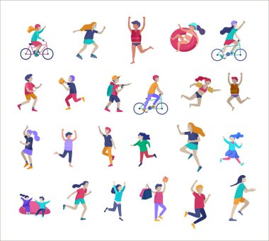 Illustration of children playing and doing activities, happy kids with gadgets, running, jumping and with bags and gift, ride a bike, swim clipart