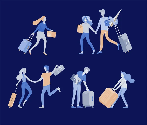 Différentes personnes voyagent en vacances. Les touristes avec bagages voyageant en famille, entre amis et seuls, partent en voyage. Voyageurs dans diverses activités avec bagages et équipements. Vecteur — Image vectorielle