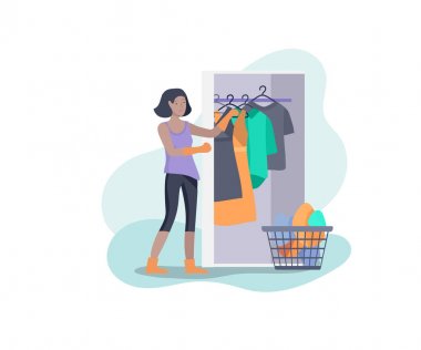 Ev işi yapan kızla sahne, çocukların anne ve babalarının evi temizlemelerine yardım etmeleri, çamaşır yıkamaları ve dolapya ya da dolaba bir şeyler koymaları. Karikatür vektör illüstrasyon