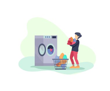 Çocuğun ev işi yaptığı sahneler, çocukların anne ve babalarının evi temizlemelerine yardım etmeleri, çamaşır yıkamaları ve dolapya ya da dolaba bir şeyler koymaları. Karikatür vektör illüstrasyon