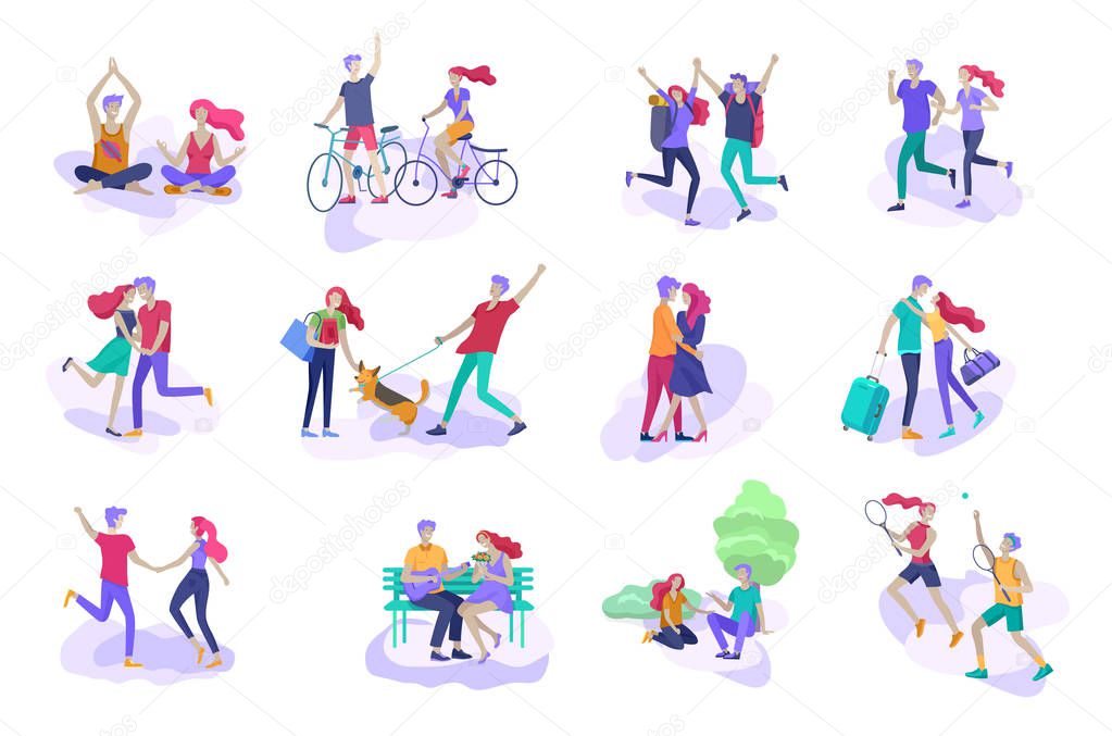 Happy Lover Relationship, scenes with romantic couple kissing, hugging, riding bicycle, walking, playing tennis, guitar, doing yoga, dansing. Characters Valentine day Set. Colorful vector