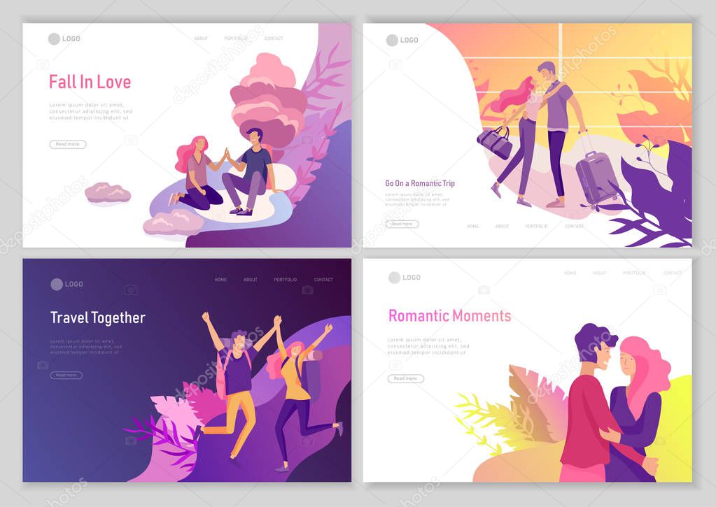 landing page template with Happy Lover Relationship, scenes with romantic couple online dating kissing, hugging, playing guitar, traveling. Characters Valentine day Set. Colorful vector