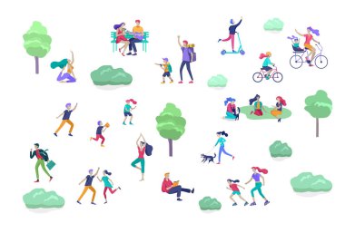 İnsanlar zaman geçiriyorlar, doğada dinleniyorlar, aile ve çocuklar parkta spor yapıyorlar, köpek gezdiriyorlar, yoga yapıyorlar, bisiklete biniyorlar, tenis oynuyorlar. Çizgi film vektörü