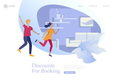 Emlak Açılış Sayfası şablonu. Emlak yatırım, mutlu insanlar satın alma veya Daire, ev kiralama. Online Rezervasyon, kira indirimleri, succes anlaşma. Karikatür ile vektör illüstrasyon