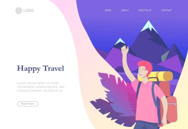 açılış sayfası şablonu. Yürüyüş ve trekking, tatil seyahat vektör, yürüyüşçü ve turizm illüstrasyon için insanlar karakter kadın. Mutlu Turistler seyahat ediyor. Vektör karikatür tarzı