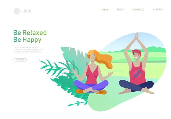 Webpaginaontwerp sjabloon met man en vrouw mediteren, zittend in yoga houding thuis en buiten. Oefen een yogales over de natuur. Geestelijke gezondheid concept. Vector — Stockvector