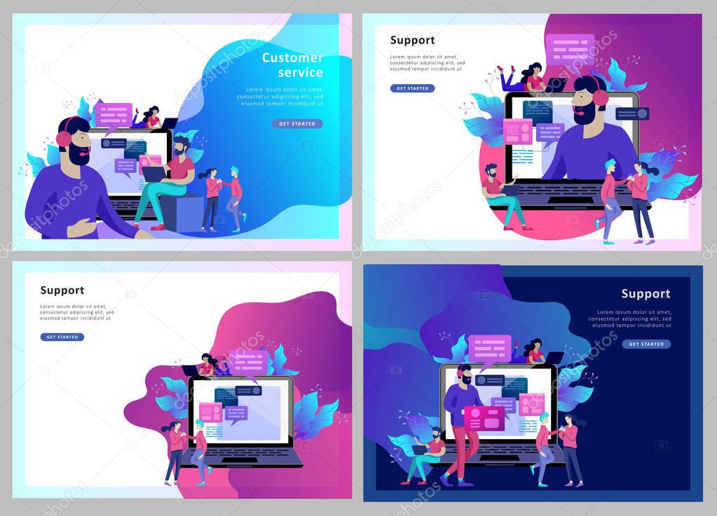 Concept Landing page template customer service, male hotline operator advises client, online global technical support, customer
