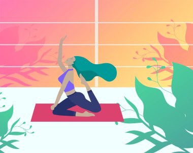 Genç adam ve kadın meditasyon, Yoga duruş oturan, evde aerobik egzersiz yapmak. Fiziksel ve ruhsal uygulama Yoga dersi. Ruh sağlığı konsepti. Vektör Illustration