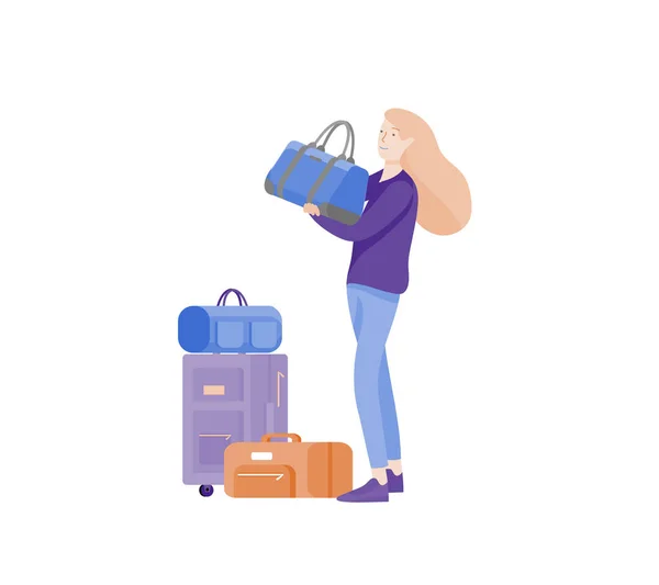 Turistas con equipaje viajando solos, vayan de viaje. Viajero en diversas actividades con equipaje y equipo — Vector de stock