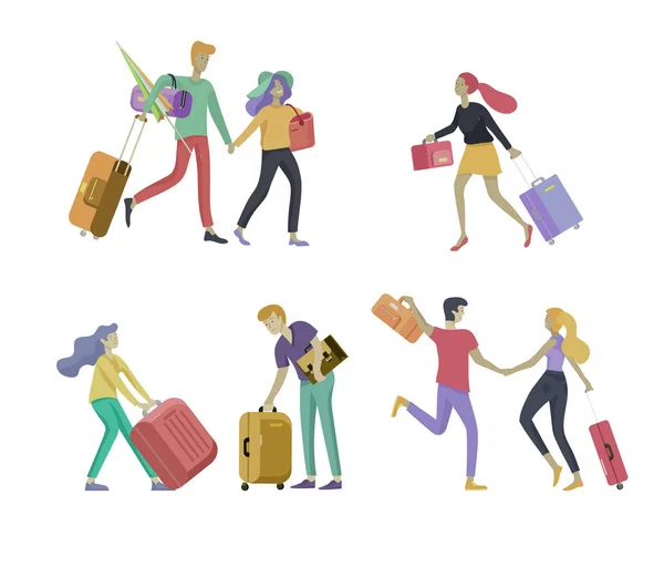 Διαφορετικοί άνθρωποι ταξιδεύουν σε διακοπές. Οι τουρίστες που ταξιδεύουν με την οικογένεια, τους φίλους και τους μόνους, πάνε ταξίδι. Ταξιδιώτες σε διάφορες δραστηριότητες με αποσκευές και εξοπλισμό. Διάνυσμα — Διανυσματικό Αρχείο