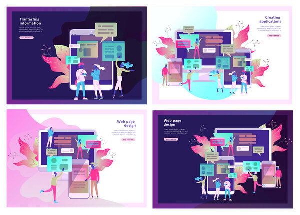 Концепция посадки шаблон страницы, плоский стиль, бизнесмены обсуждают социальные сети, новости, социальные сети
