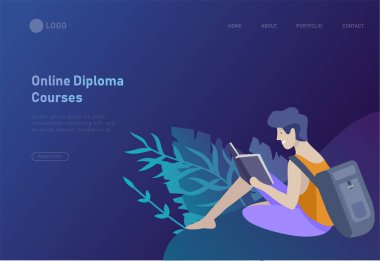 Online eğitim, eğitim ve kurslar için rahat öğrenme insanlarla açık Web sayfası tasarım şablonları ayarlayın. Web sitesi ve mobil web sitesi için modern vektör illüstrasyon kavramları