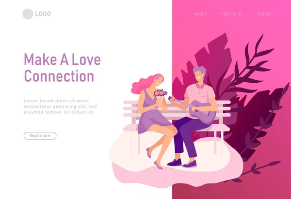 Landing page template met Happy Lover relatie, scènes met romantisch paar online dating zoenen, knuffelen, gitaar spelen, reizen. Tekens Valentine dag set. Kleurrijke vector — Stockvector