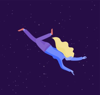 Uzayda uçan esinlenerek bir kadın. Karakter hareket ve rüyalar, hayal ve ilham yüzen. Düz tasarım stili