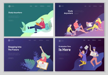 Rahat öğrenme insanlar açık ve online eğitim, eğitim ve kurslar için mezun web sayfası tasarım şablonları ayarlayın. Modern vektör illüstrasyon kavramları