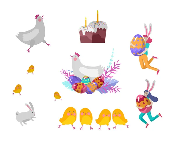 Ilustración de Pascua con huevos pintados, tarta, pollo y conejo. Las chicas con orejas de conejo sostienen huevos pintados. Conjunto de personajes de dibujos animados de Pascua lindos personas. Vector celebración de vacaciones de primavera — Vector de stock