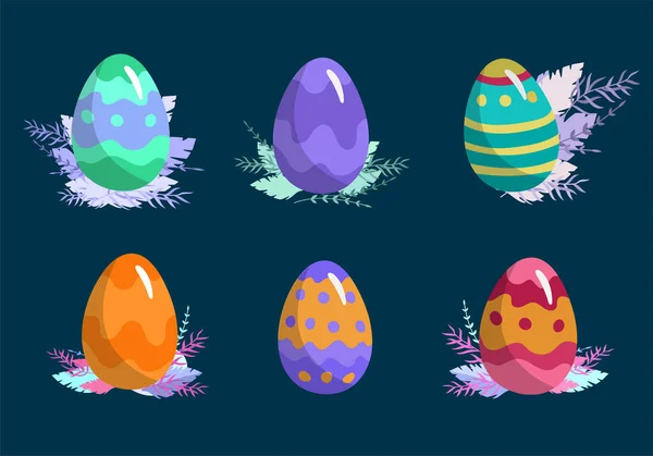 Wielkanocna ilustracja z malowanymi jajkami i wielkanocnym ciastem. Cute Wielkanoc karty kreskówki. Wektor wiosna święto wakacje — Wektor stockowy