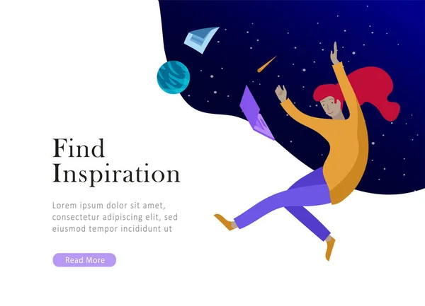 Landing page template. Inspired People flying. Create your own spase. Characters moving and floating in dreams, imagination and freedom inspiration design work — Stock Vector