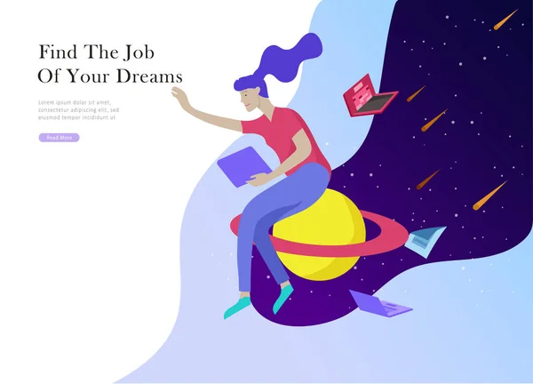 Job presentation banner page. Inspired People flying, choose career or interview a candidate, agency human resources creative find experience. Characters find work of dreams, design — Stock Vector