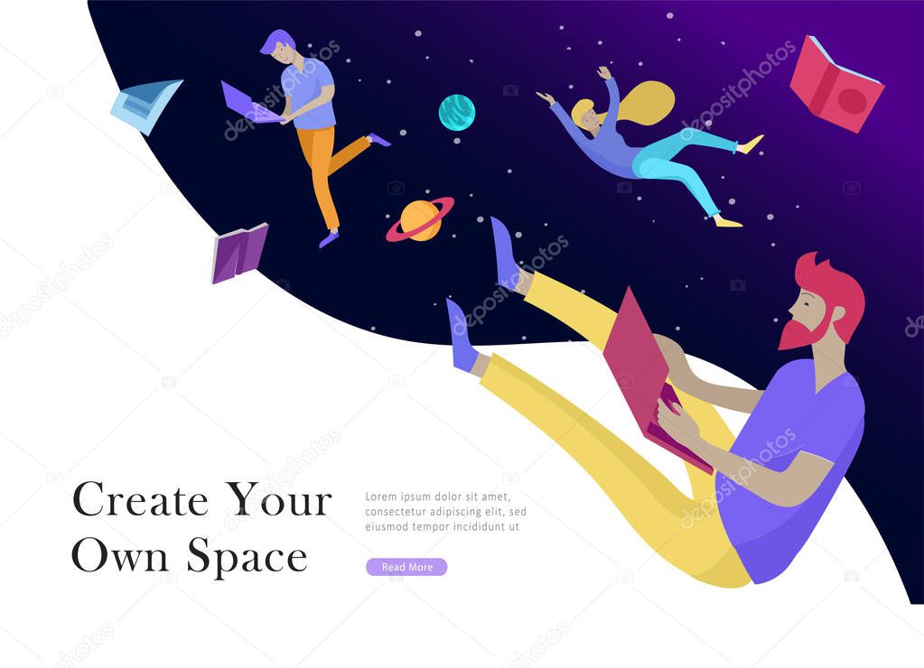 landing page template. Inspired People flying. Create your own spase. Characters moving and floating in dreams, imagination and freedom inspiration design work