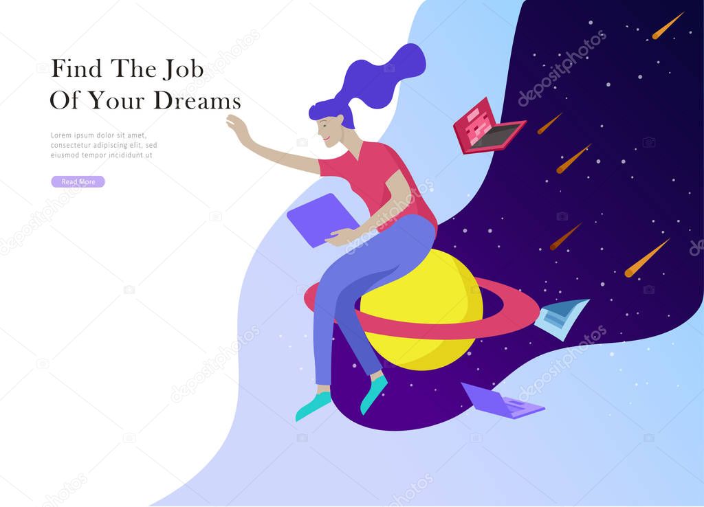 Job presentation banner page. Inspired People flying, choose career or interview a candidate, agency human resources creative find experience. Characters find work of dreams, design