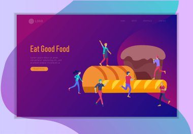 İnsanlar ve fırın ürünleri yle Açılış Sayfası şablonu. Erkek ve Kadın Karakter Ekmek, Muffin ile olun. Pastane Pişirme Konsepti Web Sitesi veya Web Sayfası. Düz Karikatür Vektör