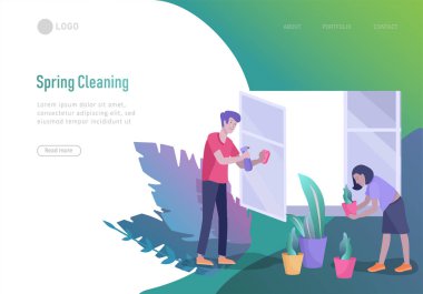 açılış sayfası şablon insanlar ev temizliği, bulaşık yıkama, giysi kat, pencere, halı ve zemin, toz, su çiçeği silmek. Vektör illüstrasyon karikatür