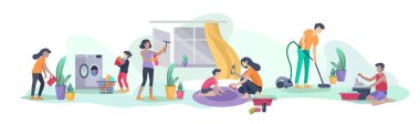 Ev işi yapan büyük bir aile sahnesi, ev temizliği, bulaşık yıkama, çamaşır kat, pencere, halı ve zemin temizleme, toz, su çiçeği silme ile ebeveynlere yardım eden çocuklar. Vektör illüstrasyon karikatür