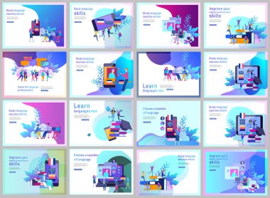 Çevrimiçi dil kursları, uzaktan eğitim, eğitim için Açılış sayfası şablonları kümesi. Dil Öğrenme Arayüzü ve Öğretim Kavramı. Eğitim Kavramı, gençleri eğitmek. ınternet