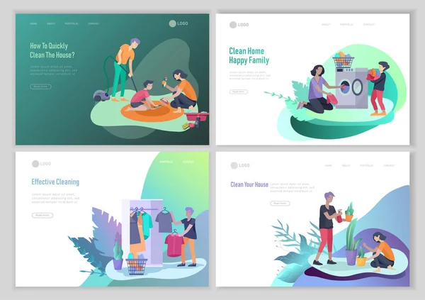 Landing page modello di persone pulizia della casa, lavare i piatti, piegare i vestiti, finestra di pulizia, tappeto e pavimento, pulire la polvere, fiore d'acqua. Illustrazione vettoriale cartone animato — Vettoriale Stock