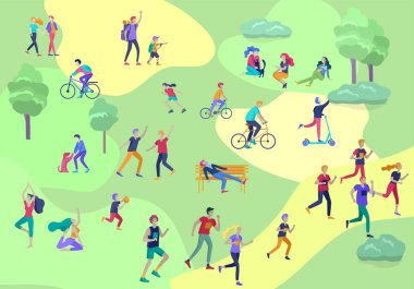 İnsanlar zaman geçiriyorlar, doğada dinleniyorlar, aile ve çocuklar parkta spor yapıyorlar, köpek gezdiriyorlar, yoga yapıyorlar, bisiklete biniyorlar, tenis oynuyorlar. Çizgi film vektörü