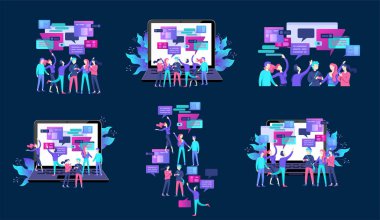 Kavram Açılış sayfası şablonu, düz stil, işadamları sosyal ağ tartışmak, haber, sosyal ağlar, sohbet, diyalog konuşma kabarcıkları