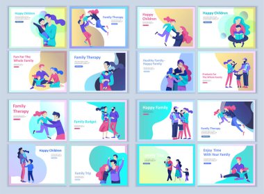 Set açılış sayfası şablonları mutlu aile, seyahat ve psikoterapi, Aile Sağlık, anne baba ve çocukları için mal eğlence. Kız ve oğlu ile ebeveynler